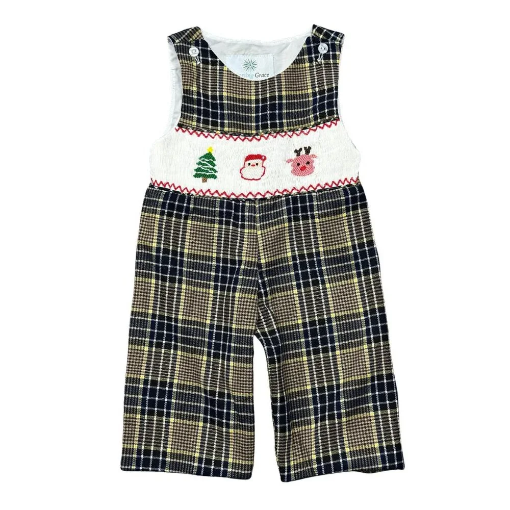 Christmas Plaid Smocked Jon Jon-Christmas Holiday Rompers - Picture 1 of 3